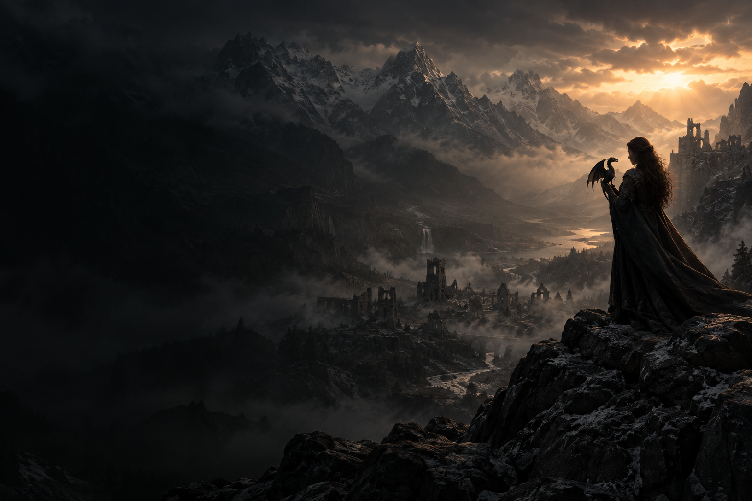 Concept artwork: a mother and small dragon overlooking a mountainous world